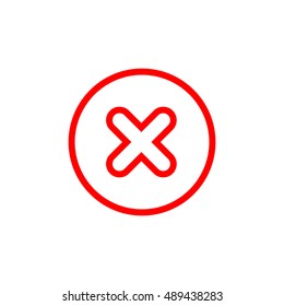 Cross sign element. Red X icon isolated on white background. Simple mark graphic design. Round button for vote, decision, web. Symbol of error, check, wrong or stop, failed. Vector illustration