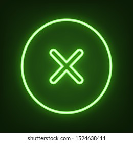 Cross sign illustration. Green neon icon in the dark. Blurred lightening. Illustration.