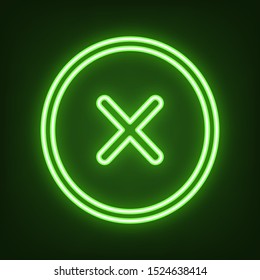 Cross sign illustration. Green neon icon in the dark. Blurred lightening. Illustration.
