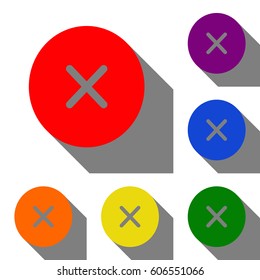 Cross sign illustration. Set of red, orange, yellow, green, blue and violet icons at white background with flat shadow.