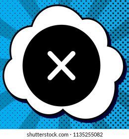 Cross sign illustration. Vector. Black icon in bubble on blue pop-art background with rays.
