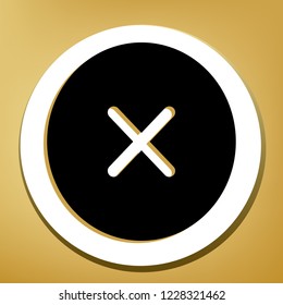 Cross sign illustration. Vector. Black icon with light brown shadow in white circle with shaped ring at golden background.