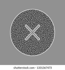 Cross sign illustration. Vector. Black maze filled icon with white border at gray background.