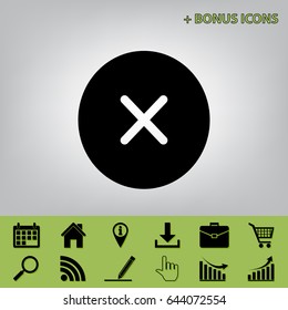 Cross sign illustration. Vector. Black icon at gray background with bonus icons at celery ones