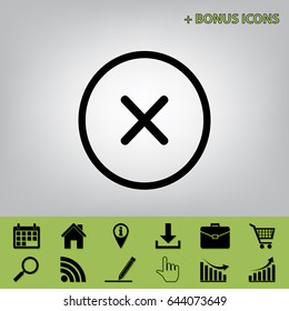 Cross sign illustration. Vector. Black icon at gray background with bonus icons at celery ones