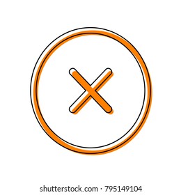 Cross sign illustration. Vector. Black line icon with shifted flat orange filled icon on white background. Isolated.