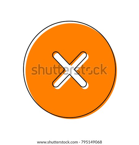 Cross sign illustration. Vector. Black line icon with shifted flat orange filled icon on white background. Isolated.