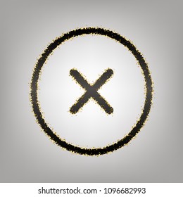 Cross sign illustration. Vector. Blackish icon with golden stars at grayish background.