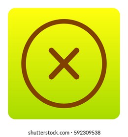Cross sign illustration. Vector. Brown icon at green-yellow gradient square with rounded corners on white background. Isolated.