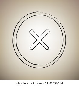 Cross sign illustration. Vector. Brush drawed black icon at light brown background.