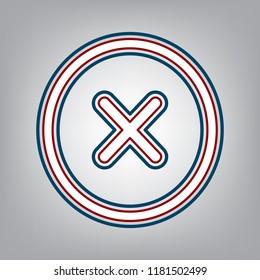 Cross sign illustration. Vector. Dark red, transparent and midnight green stroke of white icon at grayish background.