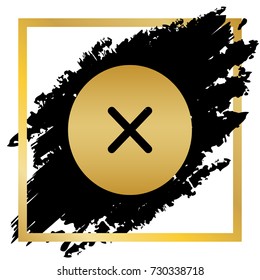 Cross sign illustration. Vector. Golden icon at black spot inside golden frame on white background.