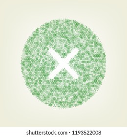 Cross sign illustration. Vector. Green hexagon rastered icon and noised opacity and size at light green background with central light.
