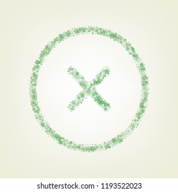 Cross sign illustration. Vector. Green hexagon rastered icon and noised opacity and size at light green background with central light.
