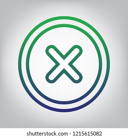 Cross sign illustration. Vector. Green to blue gradient contour icon at grayish background with light in center.