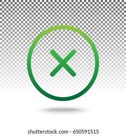 Cross sign illustration. Vector. Green gradient icon with shadow at bottom on transparent and white background.
