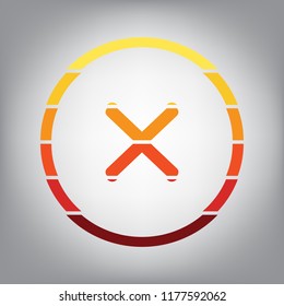Cross sign illustration. Vector. Horizontally sliced icon with colors from sunny gradient in gray background.