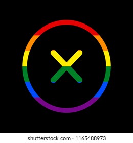 Cross sign illustration. Vector. Icon with colors of LGBT flag at black background.