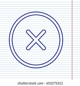 Cross sign illustration. Vector. Navy line icon on notebook paper as background with red line for field.