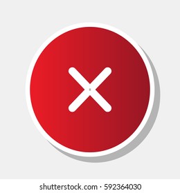 Cross sign illustration. Vector. New year reddish icon with outside stroke and gray shadow on light gray background.