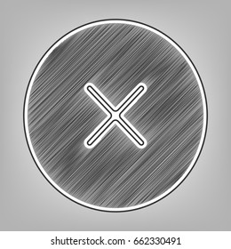 Cross sign illustration. Vector. Pencil sketch imitation. Dark gray scribble icon with dark gray outer contour at gray background.