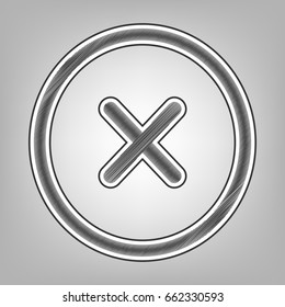 Cross sign illustration. Vector. Pencil sketch imitation. Dark gray scribble icon with dark gray outer contour at gray background.