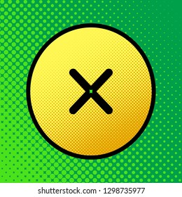 Cross sign illustration. Vector. Pop art orange to yellow dots-gradient icon with black contour at greenish background.