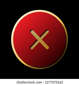 Cross sign illustration. Vector. Red icon with small black and limitless shadows at golden sticker on black background.