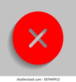 Cross sign illustration. Vector. Red icon with soft shadow on gray background.