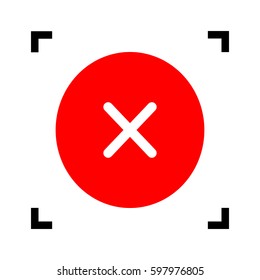 Cross sign illustration. Vector. Red icon inside black focus corners on white background. Isolated.