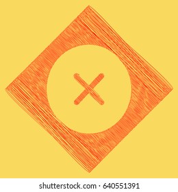Cross sign illustration. Vector. Red scribble icon obtained as a result of subtraction rhomb and path. Royal yellow background.