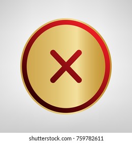 Cross sign illustration. Vector. Red icon on gold sticker at light gray background.