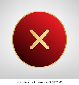 Cross sign illustration. Vector. Red icon on gold sticker at light gray background.