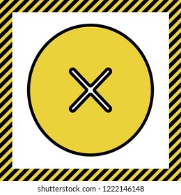 Cross sign illustration. Vector. Warm yellow icon with black contour in frame named as under construction at white background. Isolated.