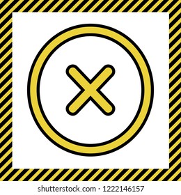 Cross sign illustration. Vector. Warm yellow icon with black contour in frame named as under construction at white background. Isolated.