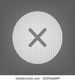 Cross sign illustration. Vector. White knitted icon on gray knitted background. Isolated.