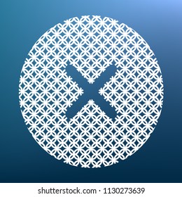 Cross sign illustration. Vector. White textured icon at lapis lazuli gradient background.