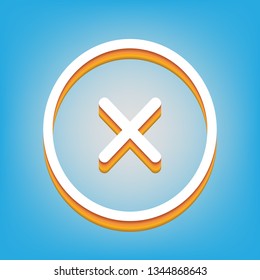 Cross sign illustration. Vector. White icon with 3d warm-colored gradient body at sky blue background.
