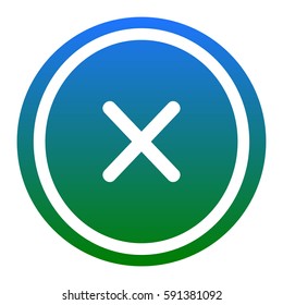 Cross sign illustration. Vector. White icon in bluish circle on white background. Isolated.