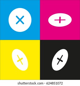 Cross sign illustration. Vector. White icon with isometric projections on cyan, magenta, yellow and black backgrounds.