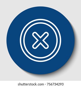 Cross sign illustration. Vector. White contour icon in dark cerulean circle at white background. Isolated.