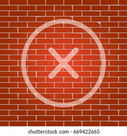 Cross sign illustration. Vector. Whitish icon on brick wall as background.