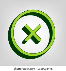 Cross sign illustration. Vector. Yellow green solid icon with dark green external body at light colored background.