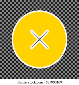 Cross sign illustration. Vector. Yellow icon with white contour on dark transparent background.