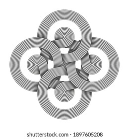 Cross sign made of two interwoven bundles of metal wires. Modern stylization of Bowen knot symbol. Vector illustration isolated on white background.