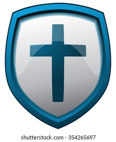 Cross Sign on a Glossy Shield, Vector Illustration.
