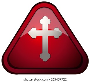 Cross Sign on a Round Red Glossy Triangle, Vector Illustration isolated on White Background. 