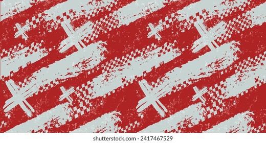 Cross sign seamless grunge pattern with chequered board, x sign. Speed race print for boy sport textile, clothes, wrapping paper. Urban style background with textured geometric lines. Grunge wallpaper