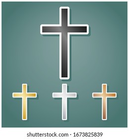 Cross sign. Set of metallic Icons with gray, gold, silver and bronze gradient with white contour and shadow at viridan background. Illustration.