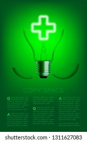 Cross sign shape broken Incandescent light bulb switch on set Medical organization concept, illustration isolated glow in green gradient background, with copy space vector eps 10